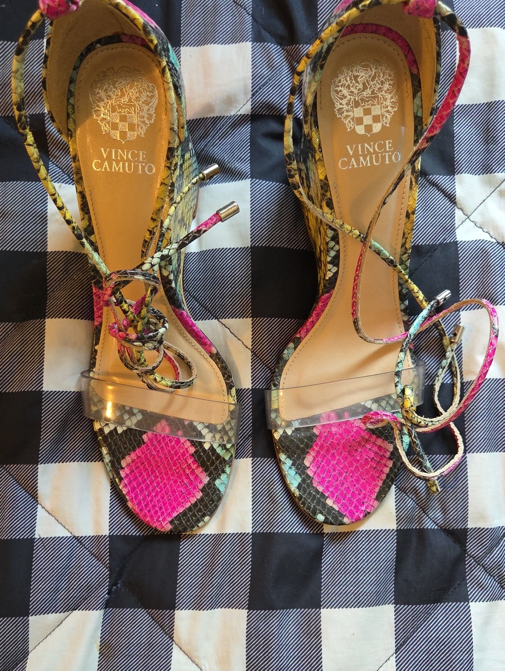 NWT, Vince Camuto Multicolor Snake-Print Lace-Up Heels with Clear Toe Strap